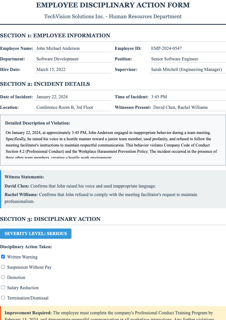 Classic professional employee discipline form