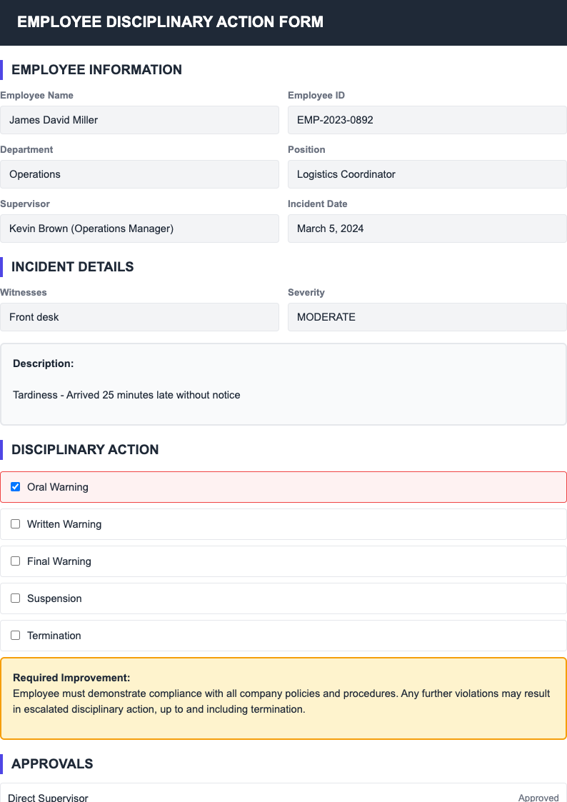 Compact quick action employee discipline form
