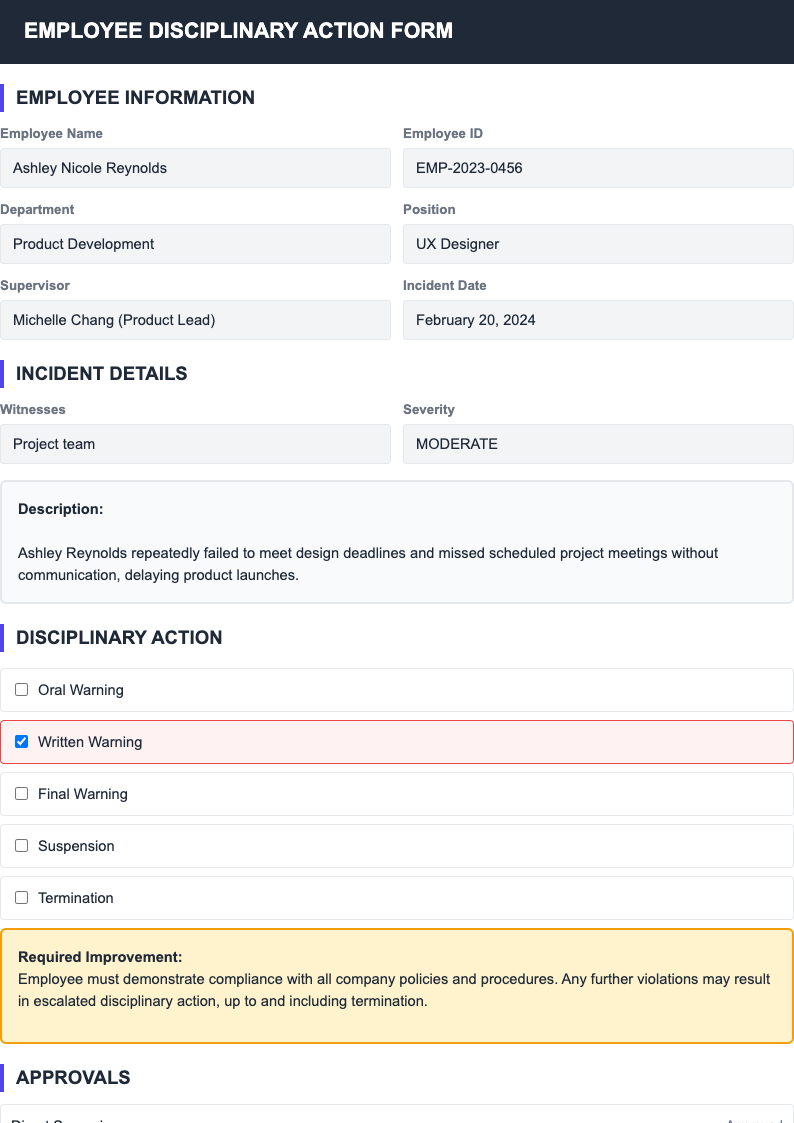 Contemporary styled employee discipline form