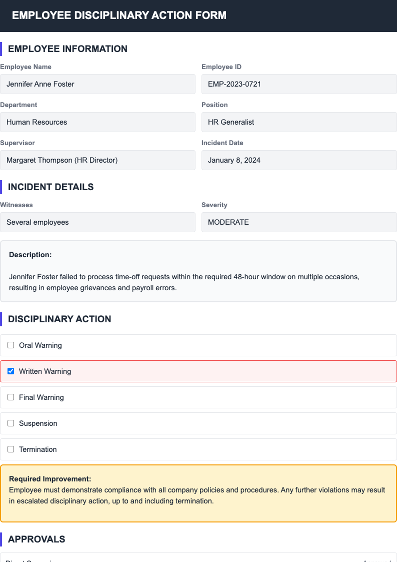 HR department standard employee discipline form