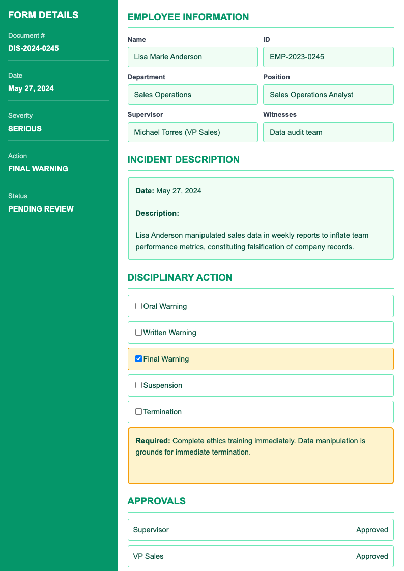 Left sidebar employee discipline form