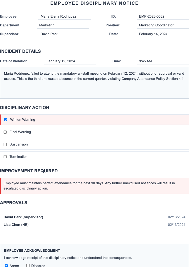 Minimalist clean employee discipline form