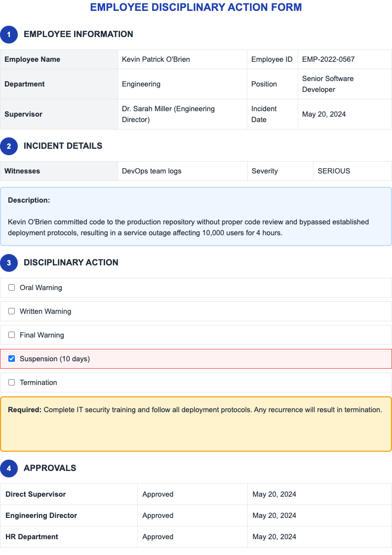 Numbered sections employee discipline form