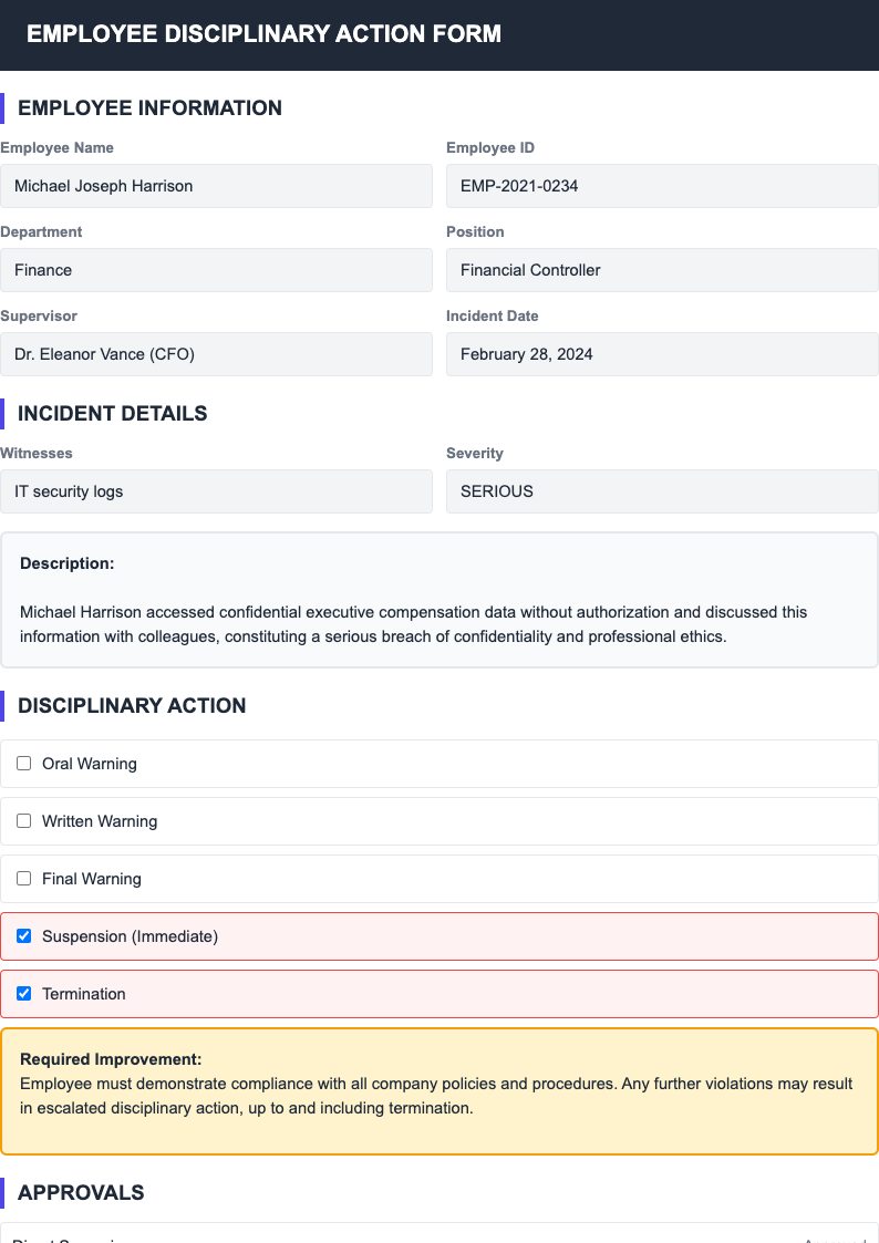 Serious violation employee discipline form