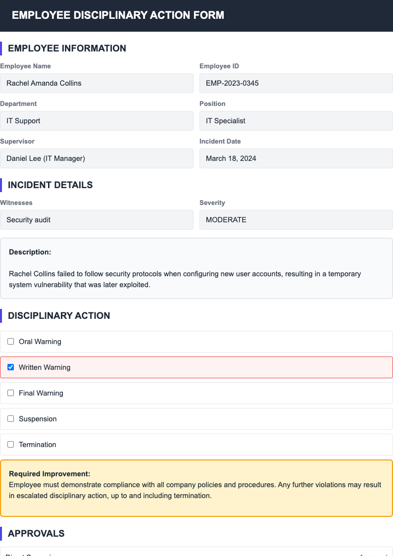 Side navigation employee discipline form
