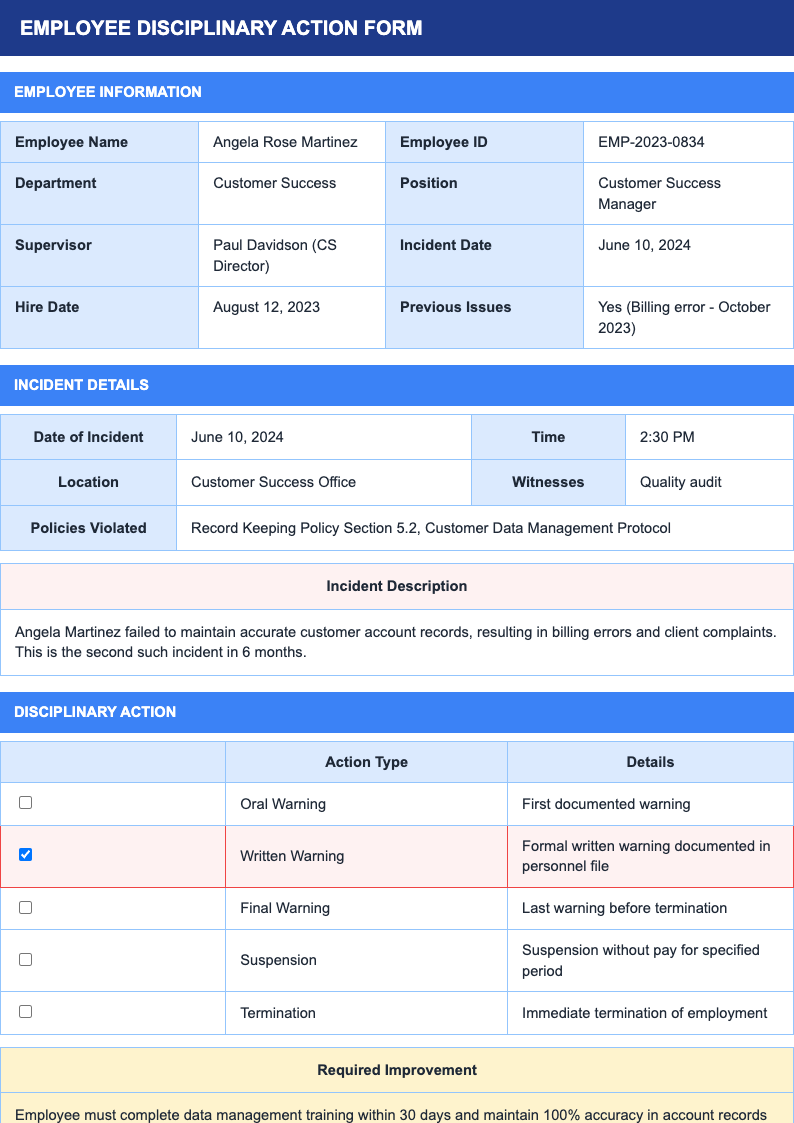 Table based employee discipline form