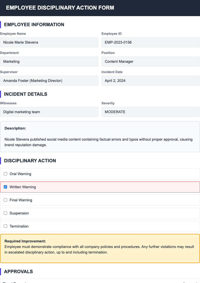 Two column layout employee discipline form