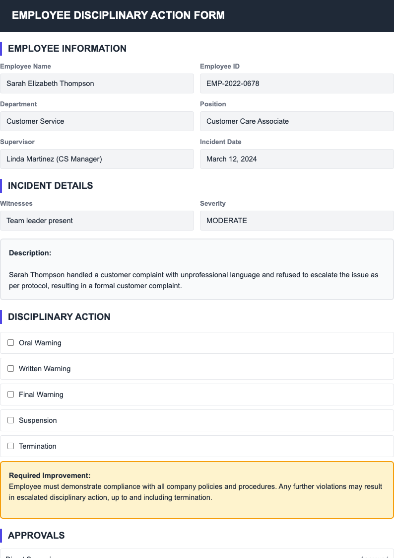 Warning notice style employee discipline form
