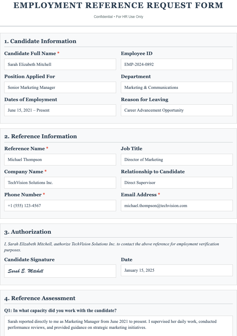 Classic professional employment reference request form