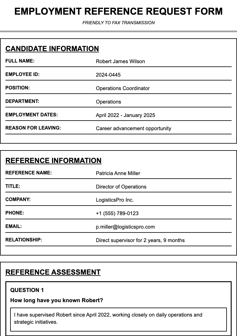 Fax friendly employment reference request form