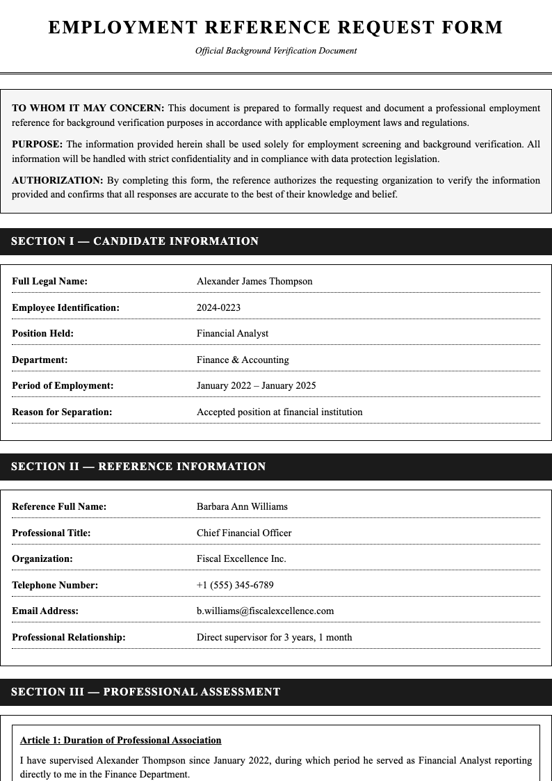 Formal legal employment reference request form
