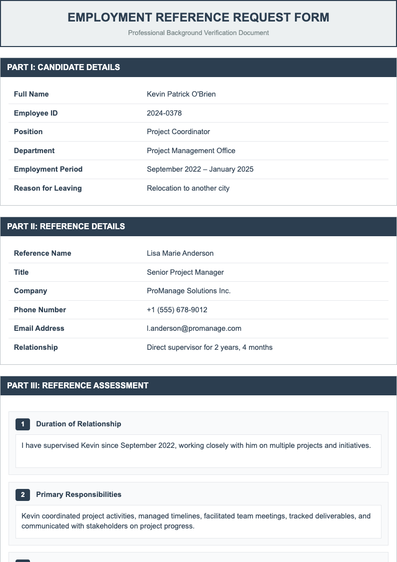 Professional standard employment reference request form