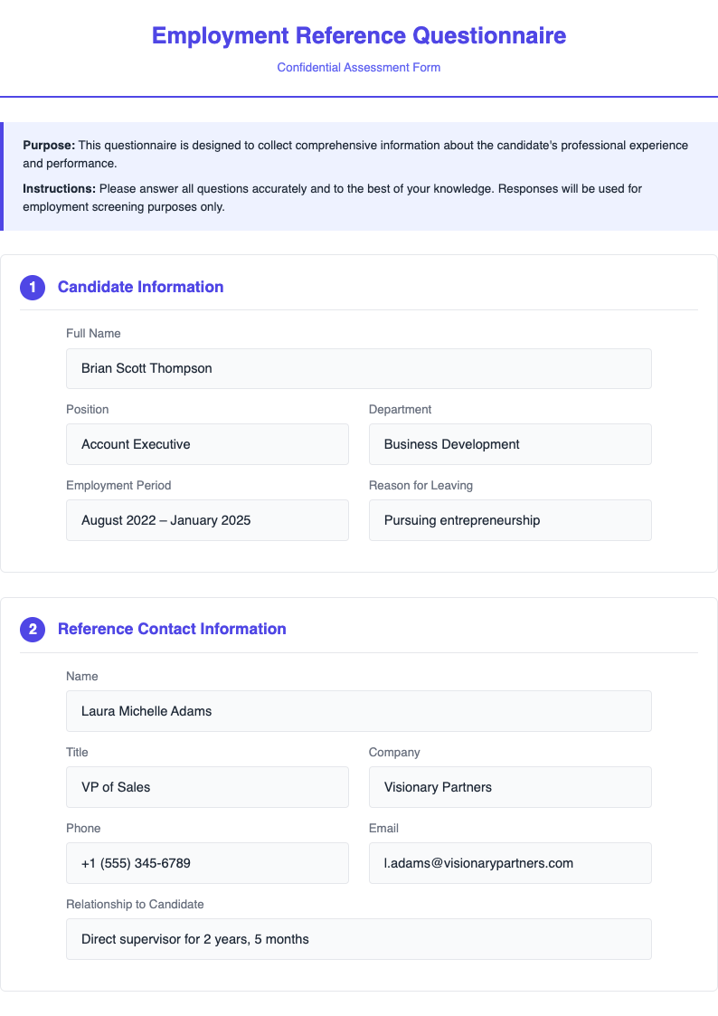 Questionnaire style employment reference request form