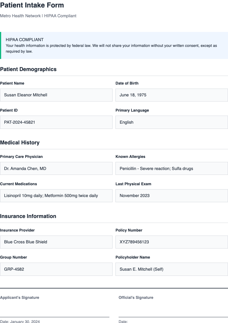 Healthcare compliant forms document