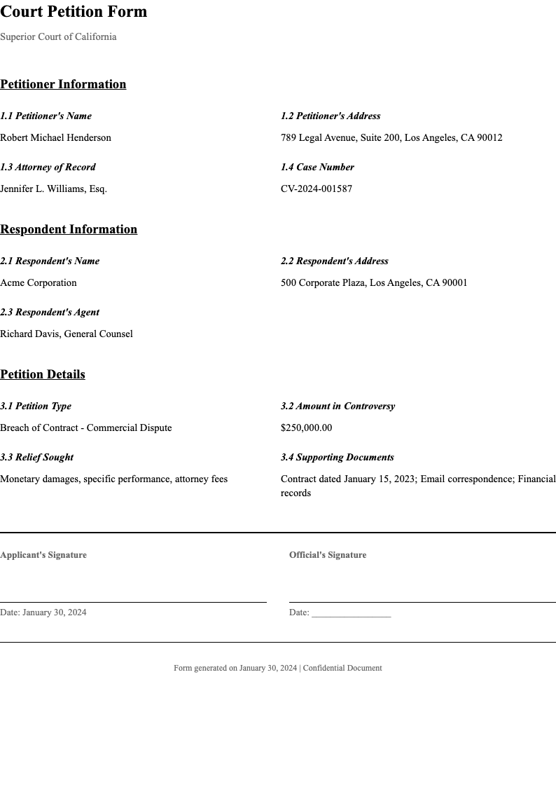 Legal formal forms document