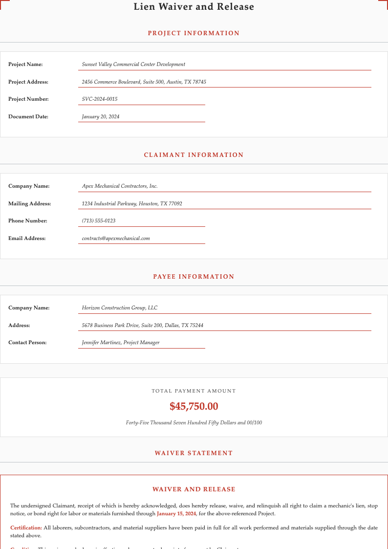 Architectural design lien release form