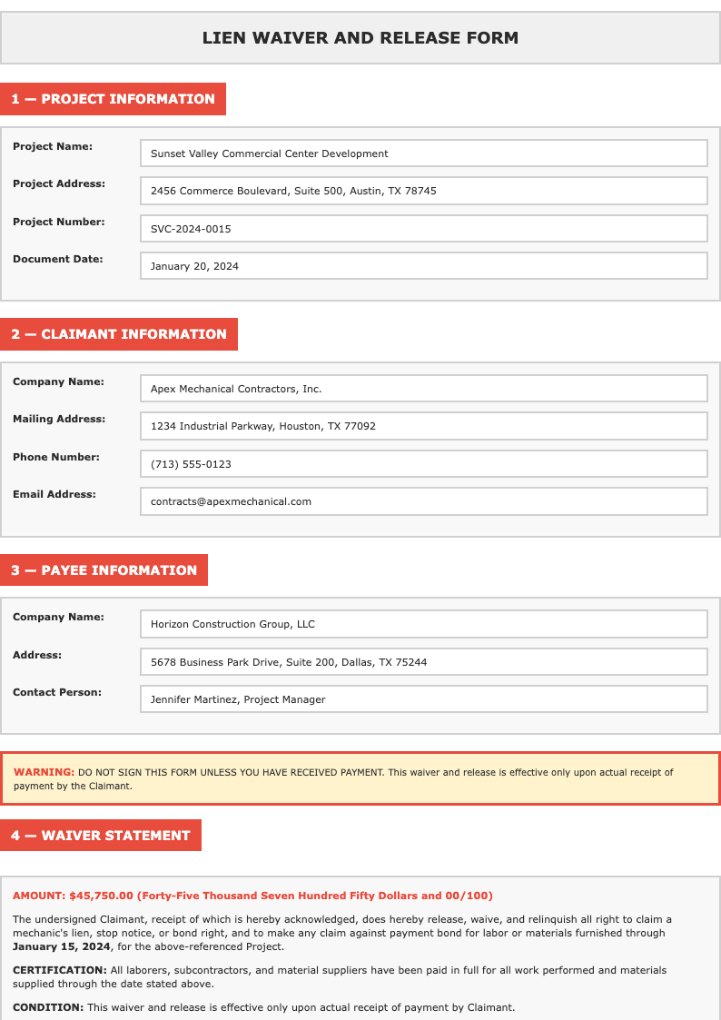 Construction industry standard lien release form