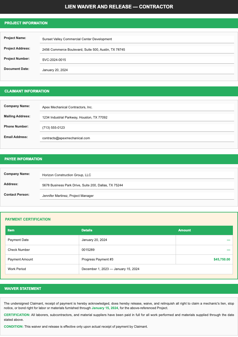 Contractor friendly lien release form