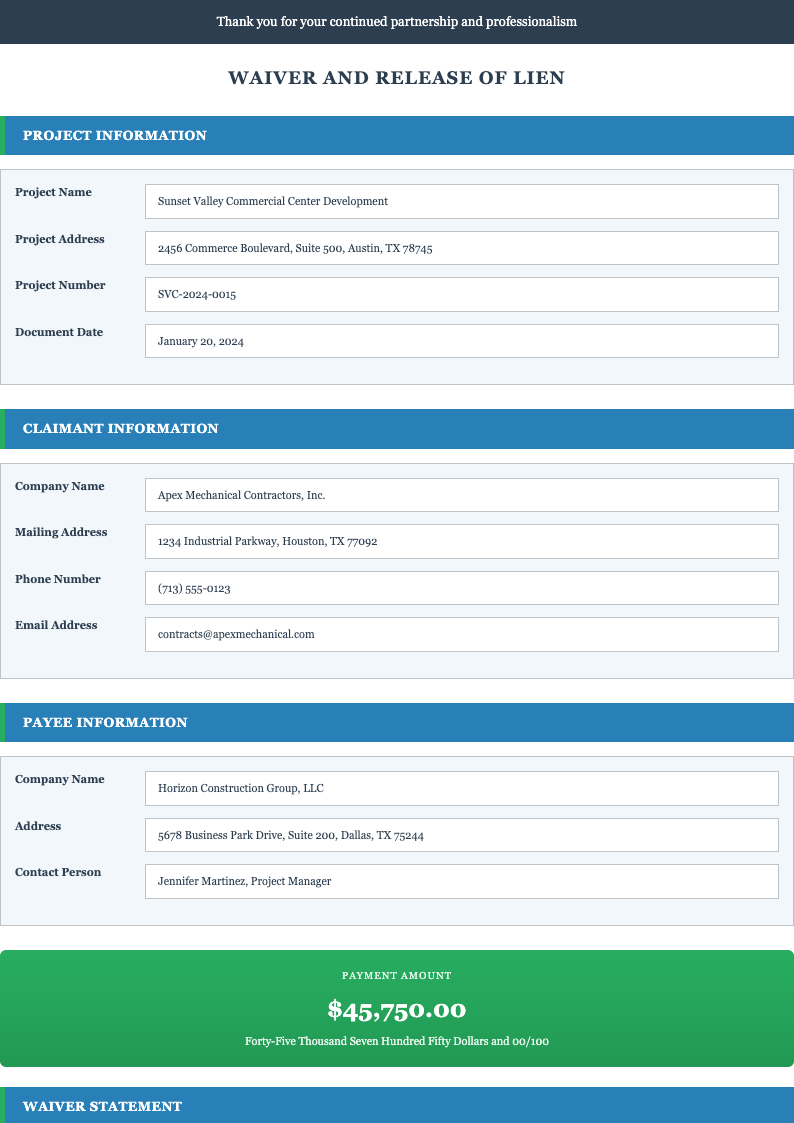 Professional services lien release form