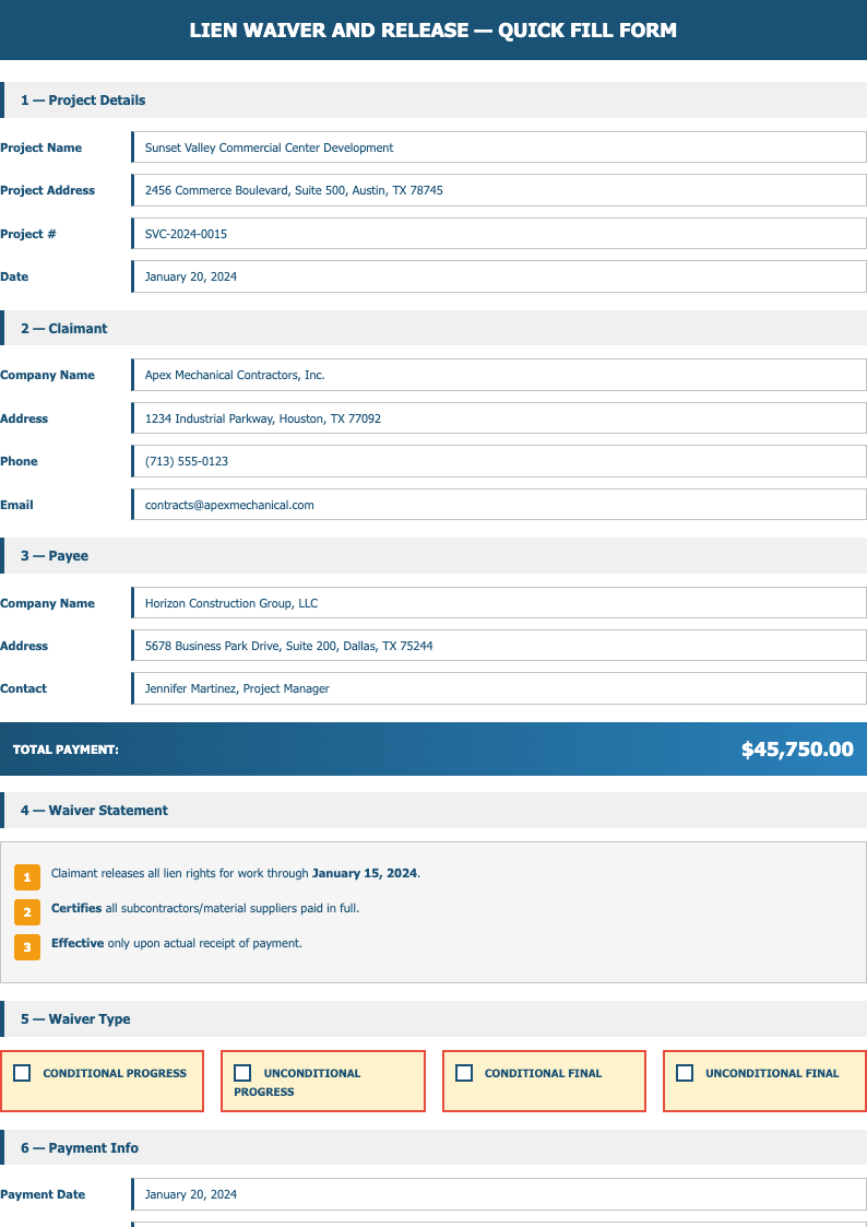 Quick fill lien release form