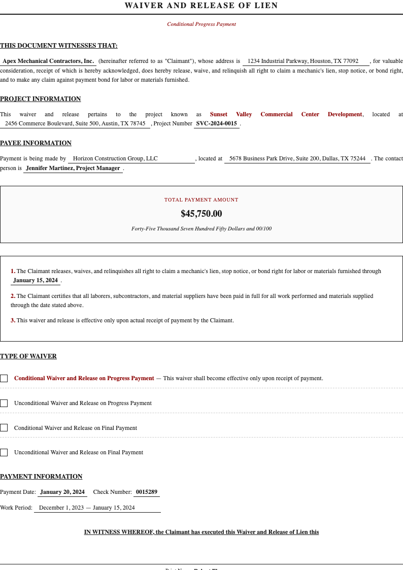 Traditional legal lien release form