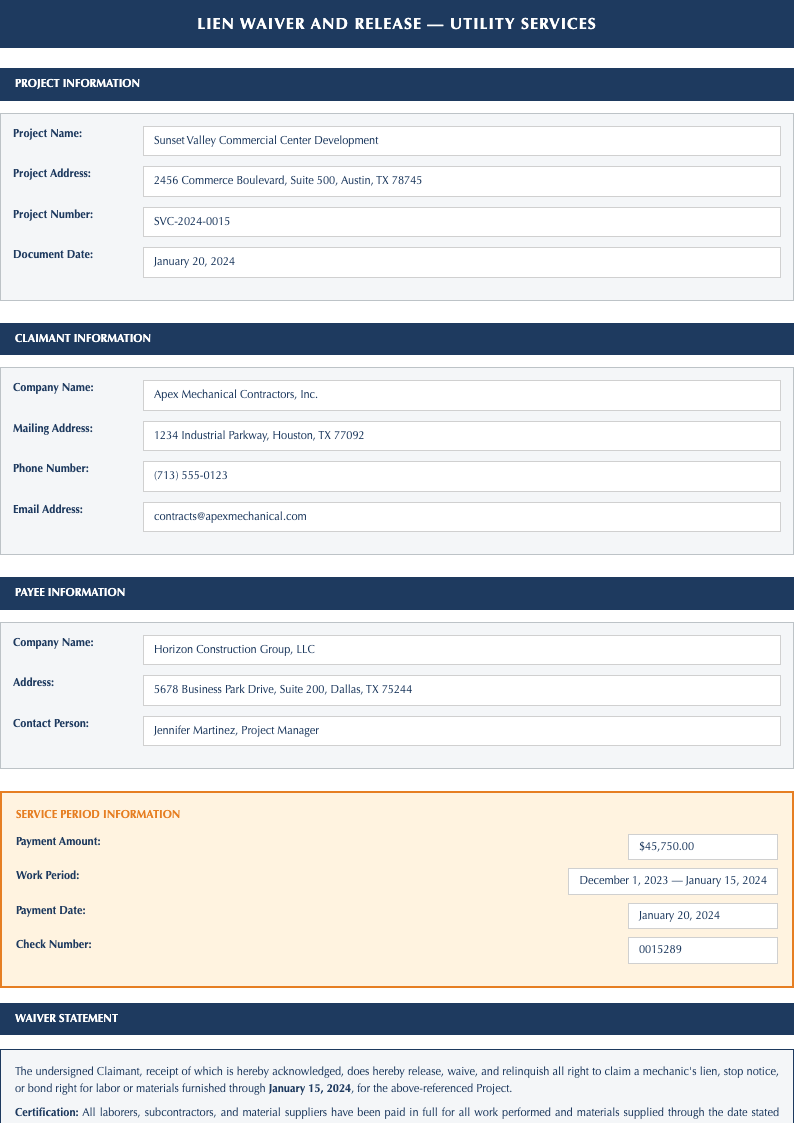 Utility services lien release form