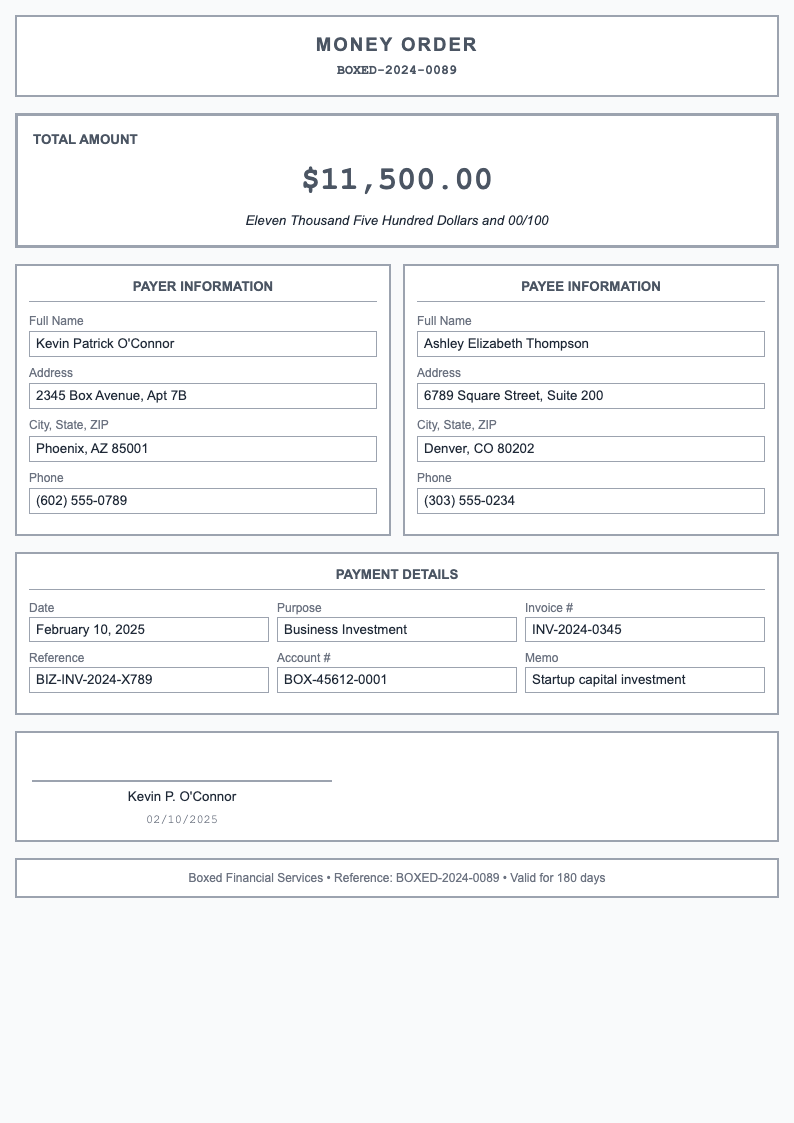 Boxed sections money order form