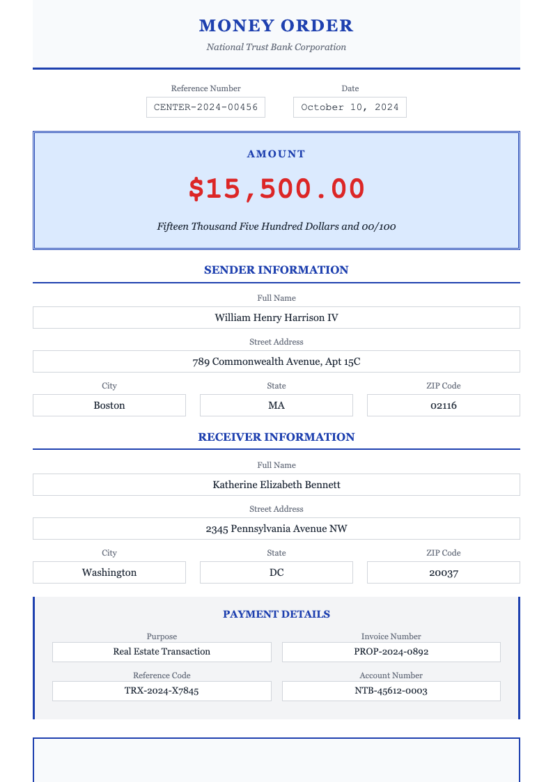 Centered layout money order form