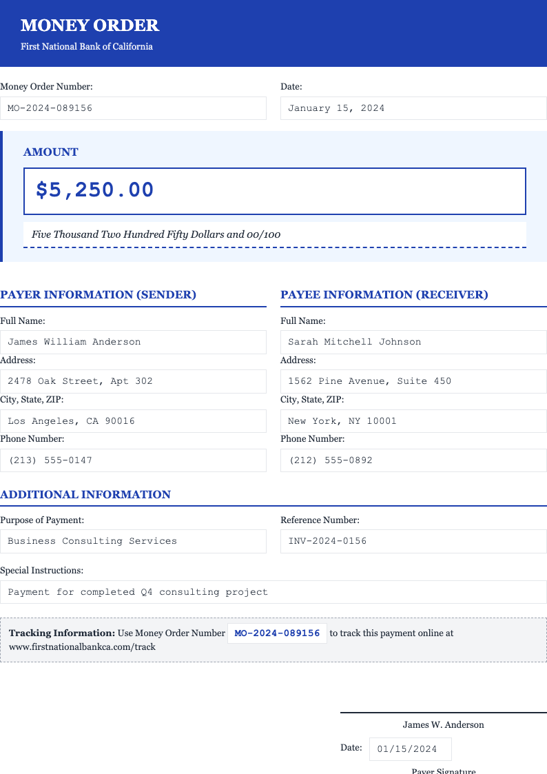 Classic professional money order form