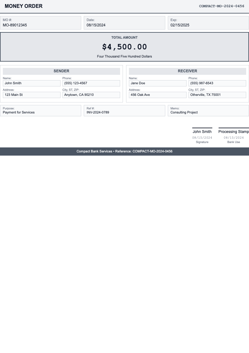 Compact information dense money order form