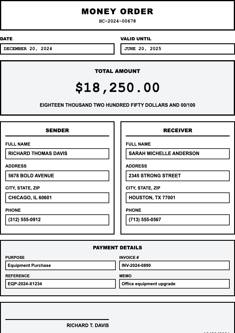 High contrast money order form