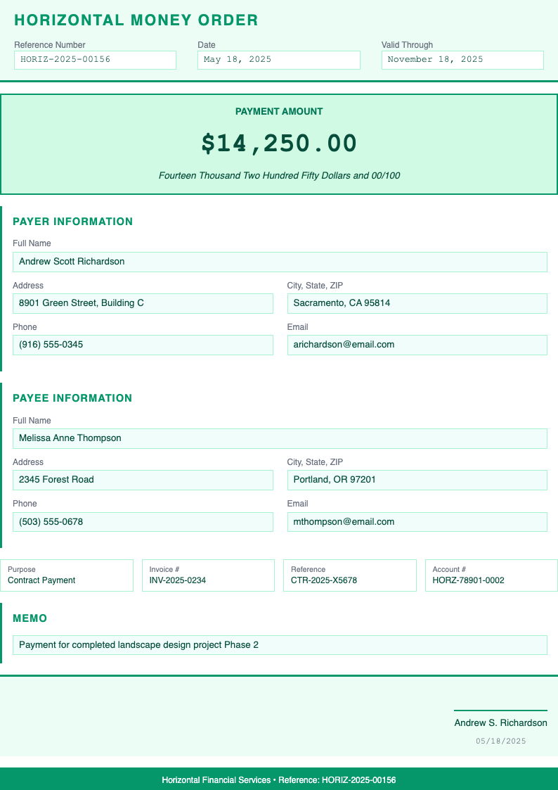 Horizontal emphasis money order form