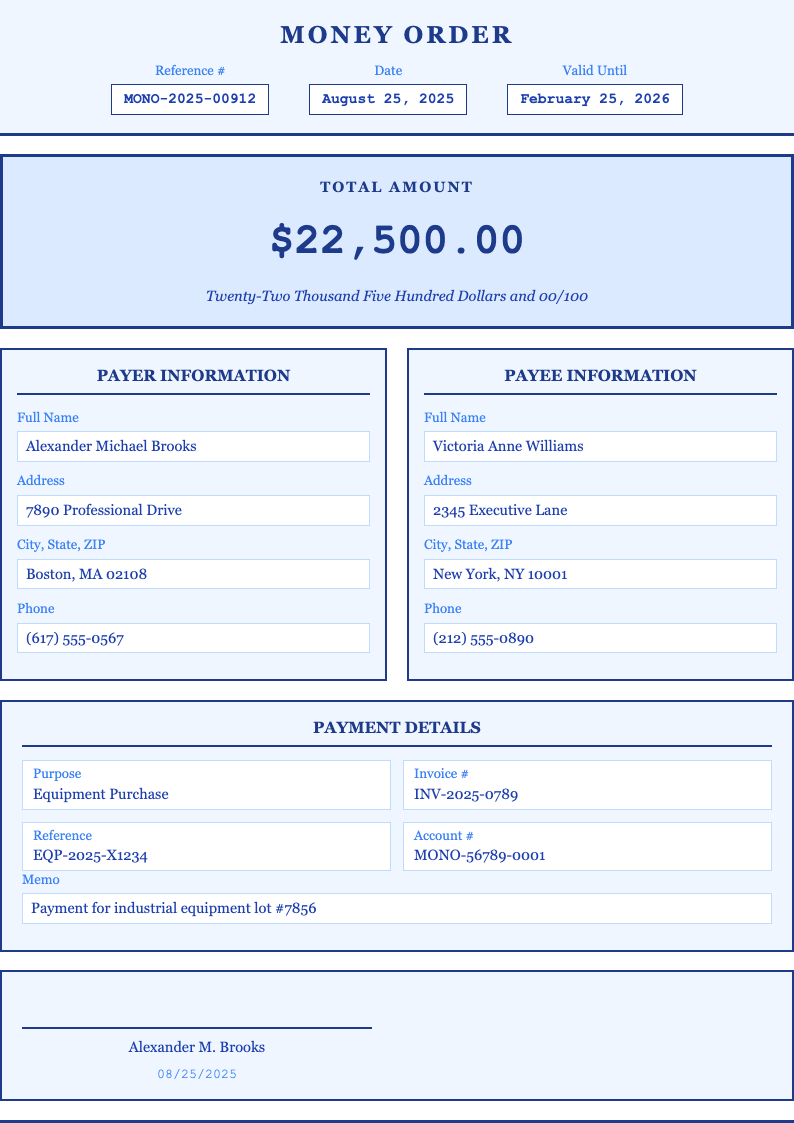 Monochromatic professional money order form