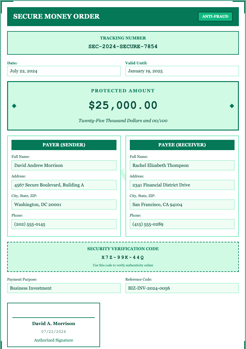Secure watermark money order form
