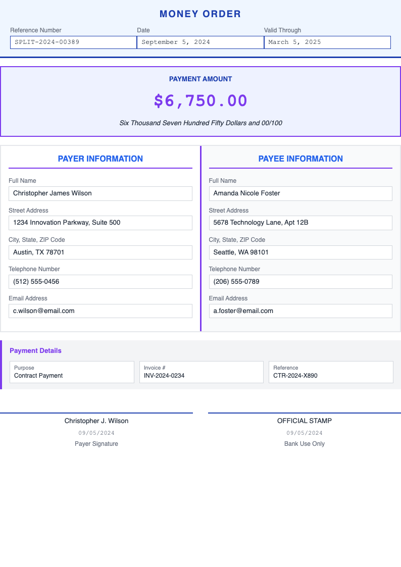 Split section money order form