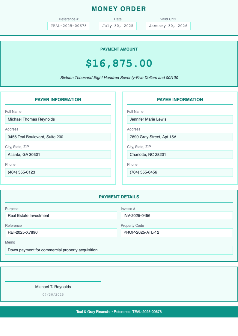 Teal and gray money order form