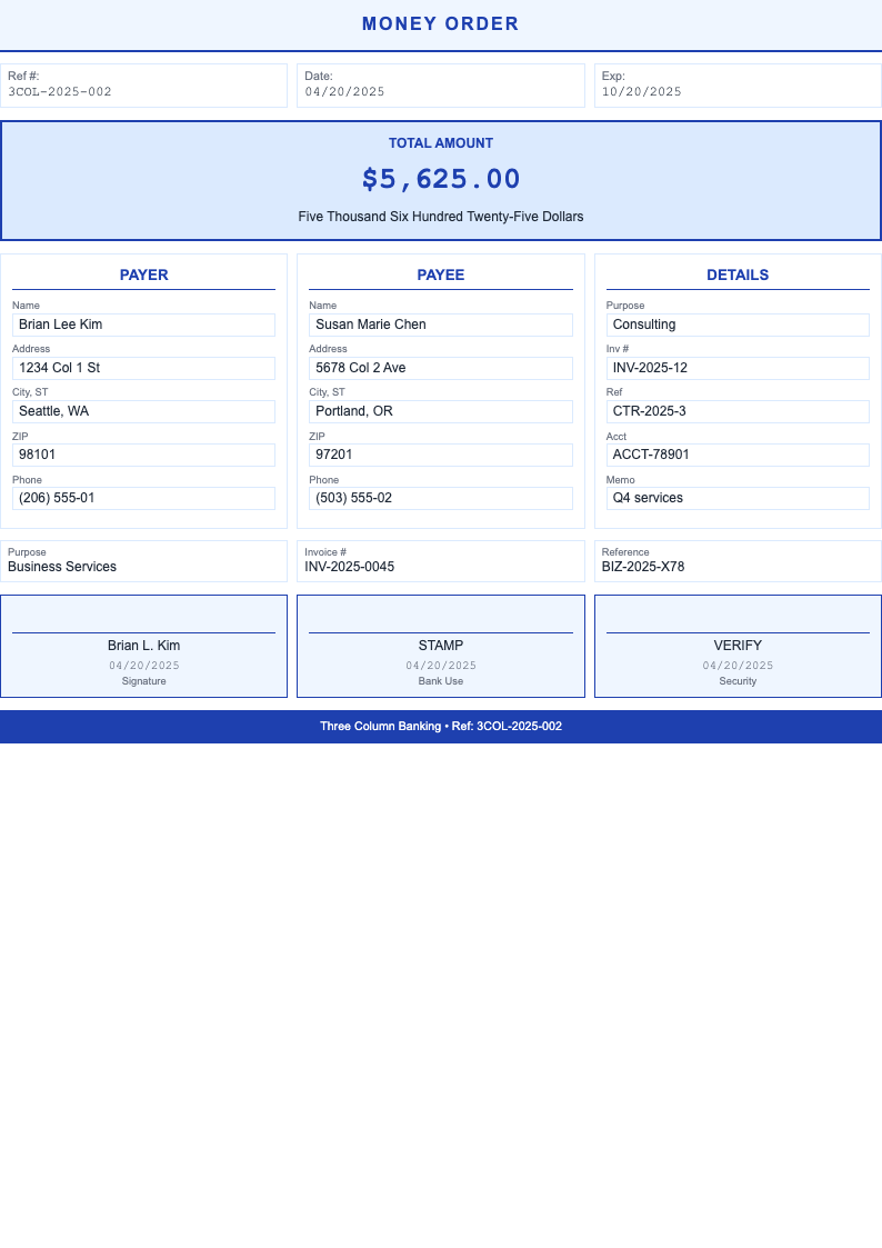 Three column money order form