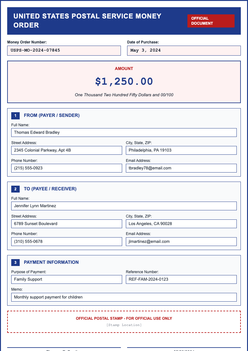 USPS style money order form