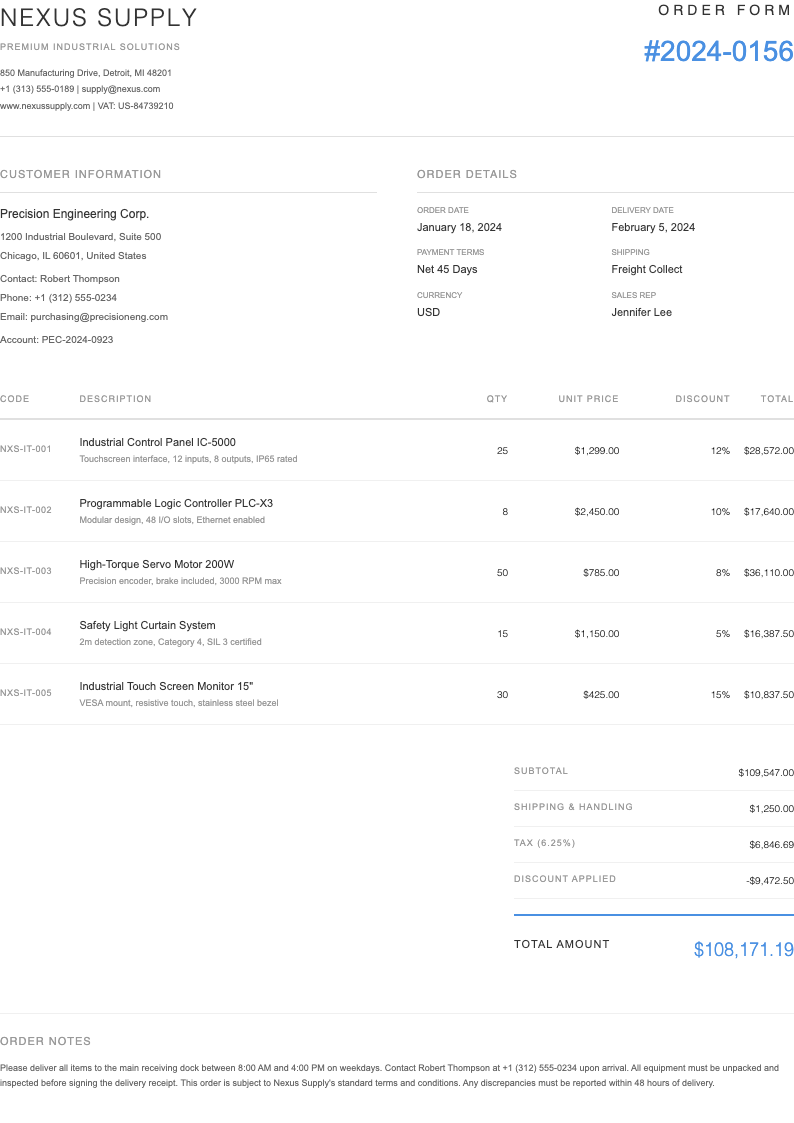 Modern minimalist order form