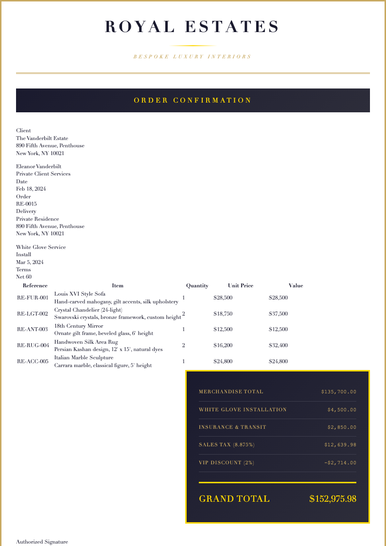 Premium luxury order form