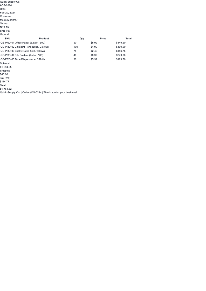 Quick simple order form