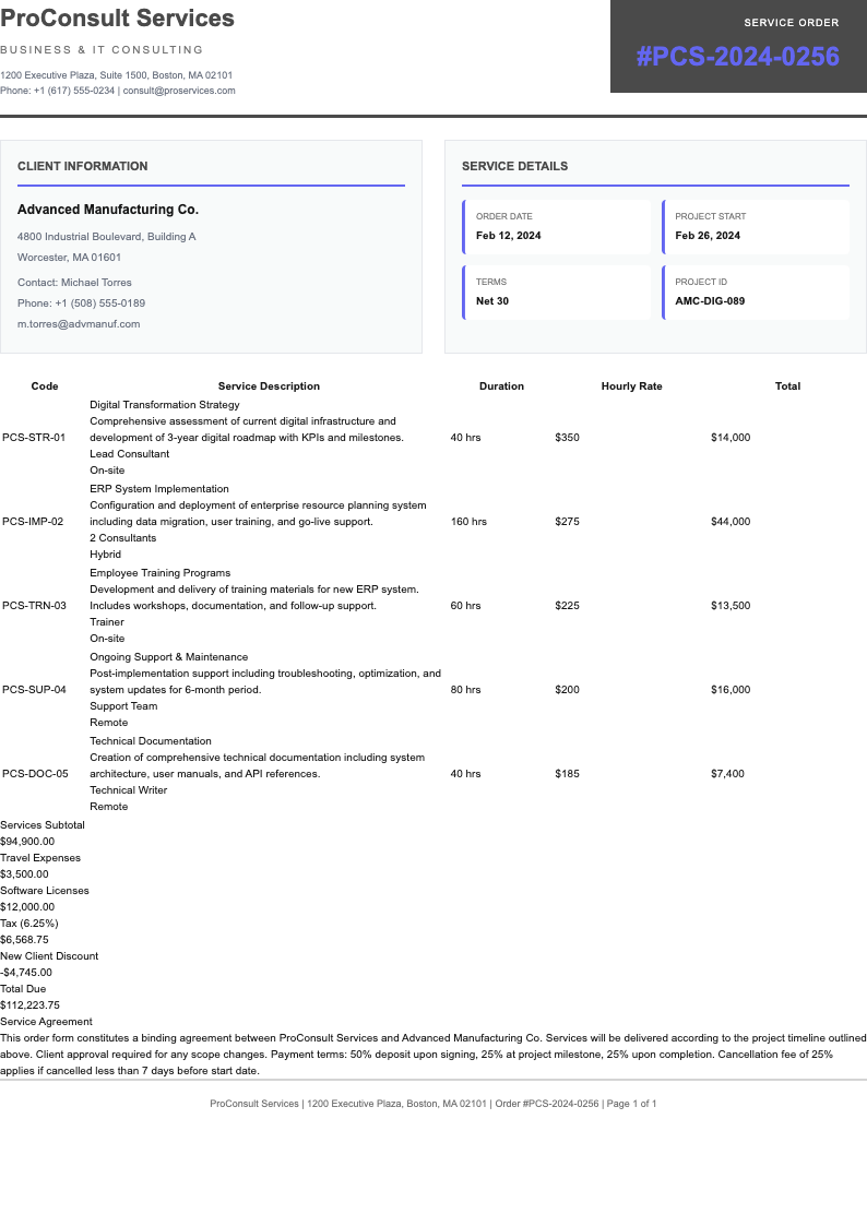 Service based order form