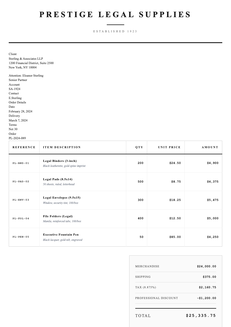 Sophisticated monochrome order form