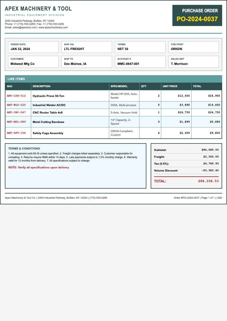 Technical industrial order form