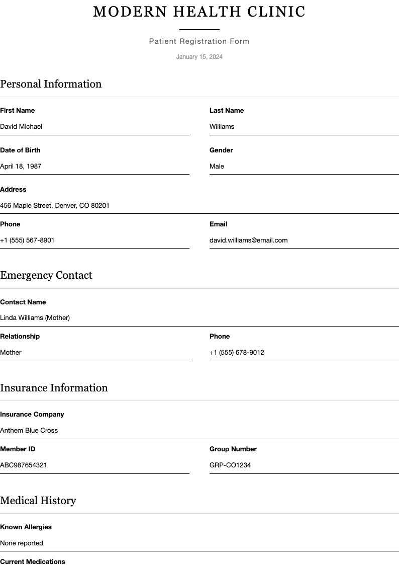 Clean typography patient registration form