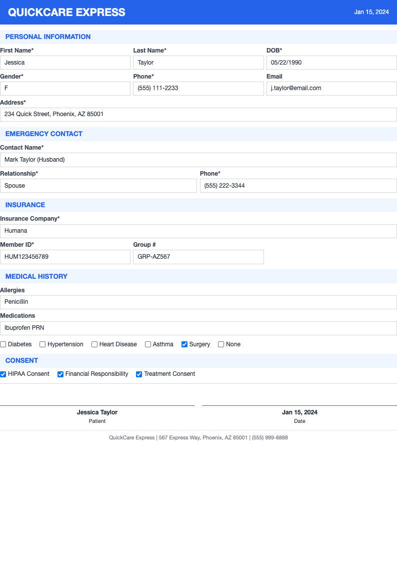 Compact efficient patient registration form
