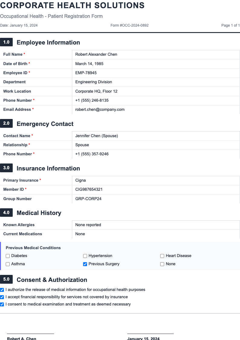 Corporate medical patient registration form