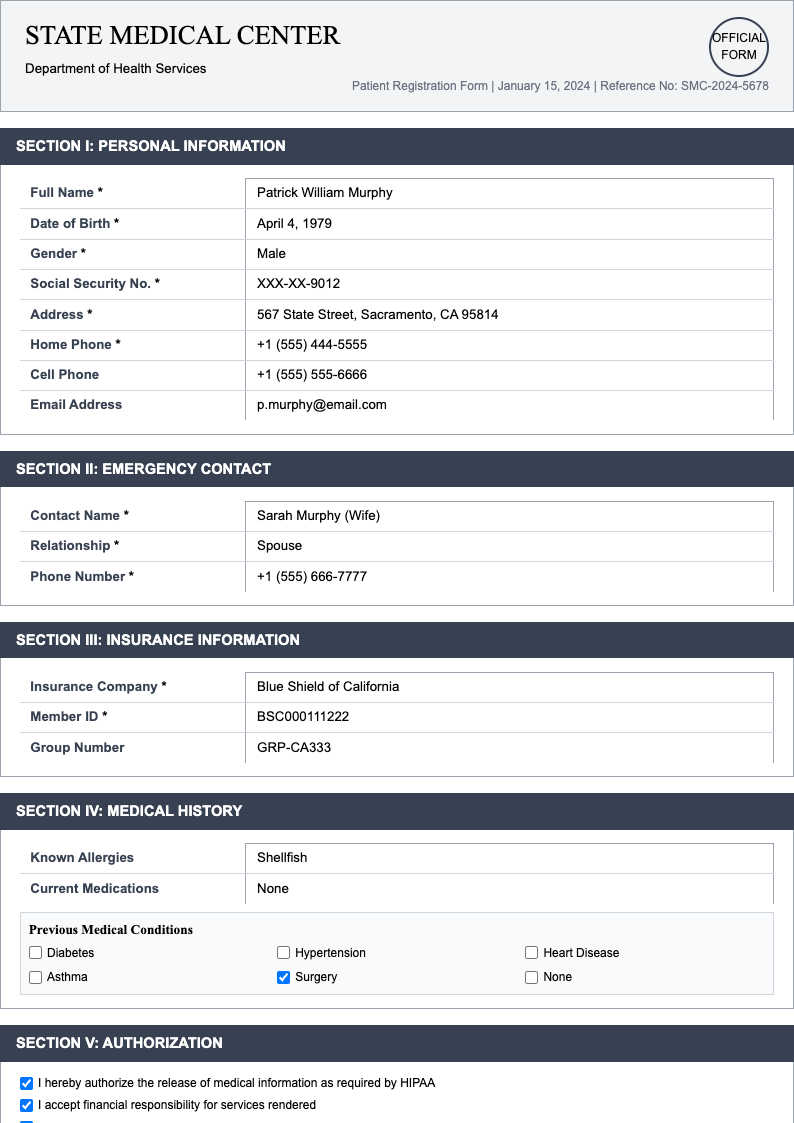 Formal institutional patient registration form