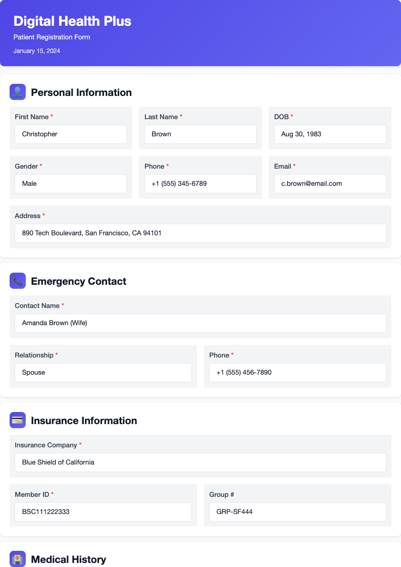 Modern card patient registration form