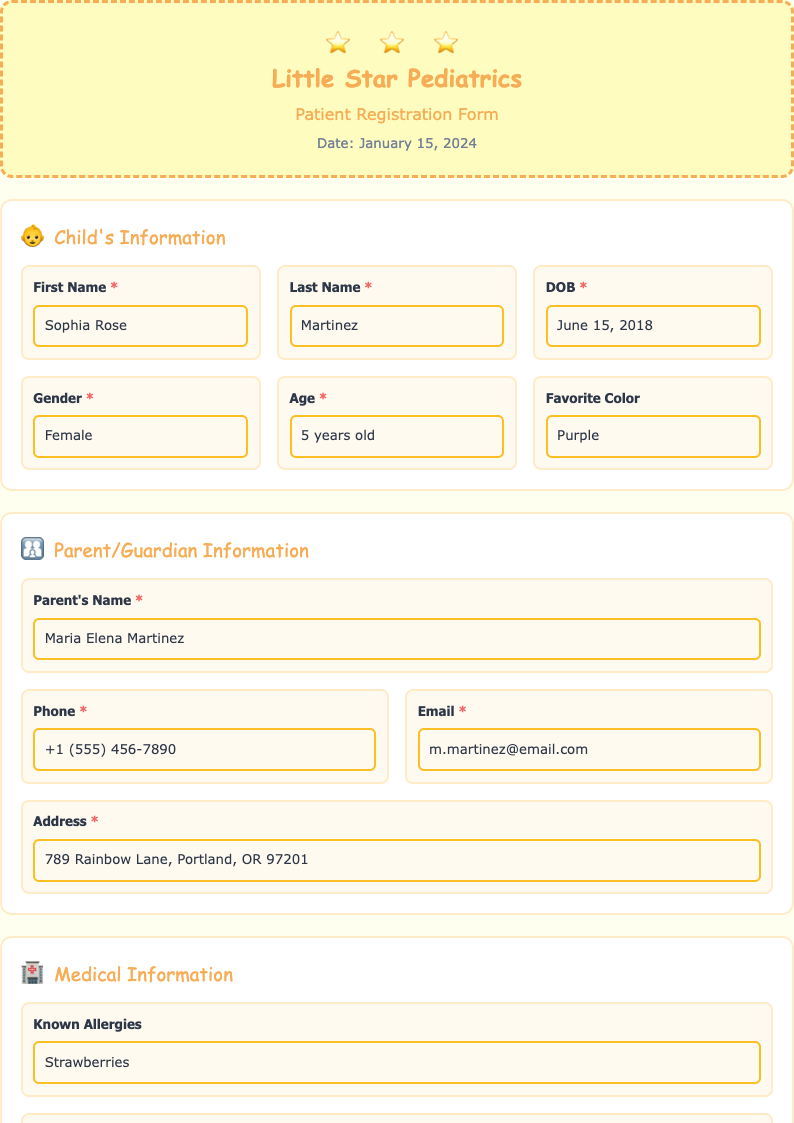Pediatric friendly patient registration form